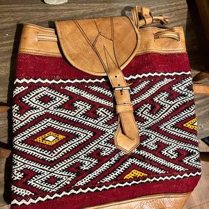 Vintage leather tapestry back pack